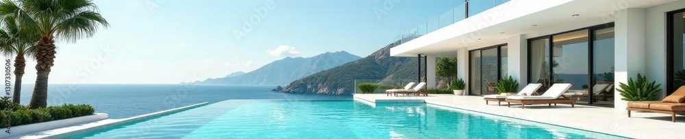 Obraz premium Crisp white mansion, azure pool, swaying palm silhouette , landscape, property, getaway