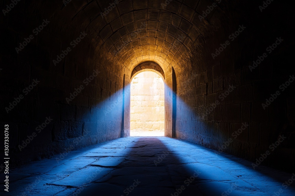 Light at the End of the Tunnel - A bright light shines through an arched doorway at the end of a dark stone tunnel, symbolizing hope and new beginnings Light at the End of the Tunnel - A bright light shines through an arched doorway at the end of a dark stone tunnel, symbolizing hope and new beginnings