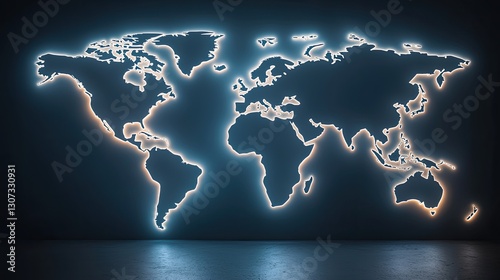 mapa mundi en pared con leds en los bordes, todo blanco, 8k photo