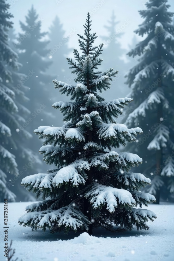 Obraz premium Snow-covered pine tree with black branches in winter landscape, forest, festive