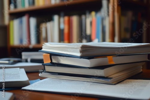 Academic journals stacked on a table with researchers highlighting key sections for literature reviews.