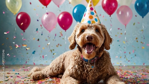 Happy cute labradoodle dog wearing a party hat celebrating at a birthday party, surrounding by falling confetti
