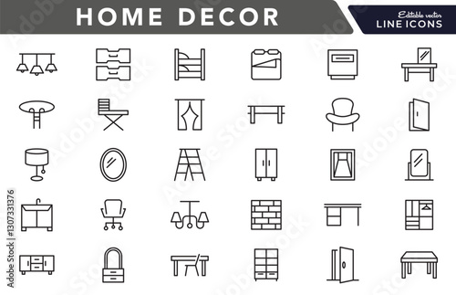 Home Decor line icon set. Kitchen, living room, decoration, bedroom, interior design, dishes, devices, finishing, household, appliances, stylish line icon set. UI thin line icon pack.