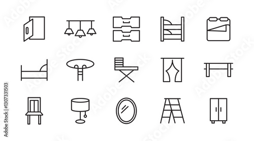 Home Decor line icon set. Kitchen, living room, decoration, bedroom, interior design, dishes, devices, finishing, household, appliances, stylish line icon set. UI thin line icon pack.