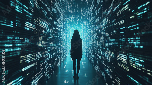 Unknown silhouette woman walking through a digital corridor with data streams, technology concept
