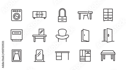 Home Decor line icon set. Kitchen, living room, decoration, bedroom, interior design, dishes, devices, finishing, household, appliances, stylish line icon set. UI thin line icon pack.