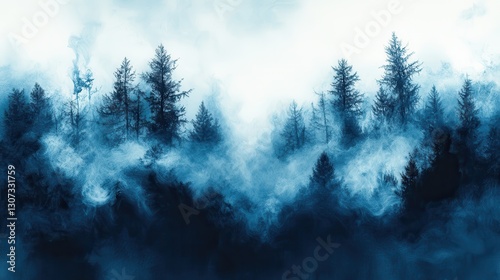 Enigmatic Blue Forest Landscape in Mist