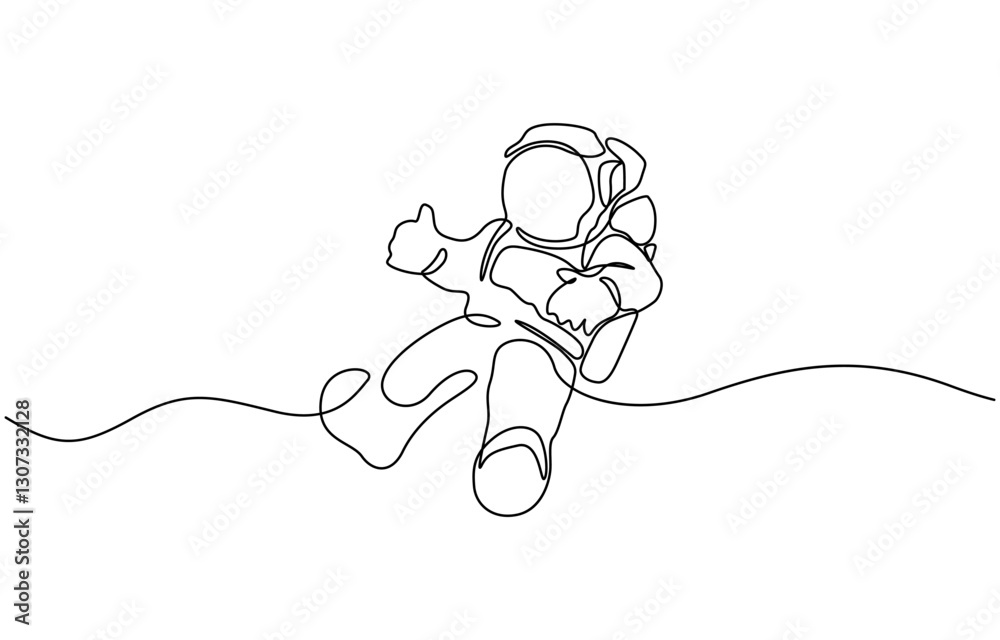 Obraz premium Single continuous line drawing of young cosmonaut scientist discovering spacewalk, Astronaut in continuous one line drawing. Single line art illustration of astronaut in outer space. Editable vector.