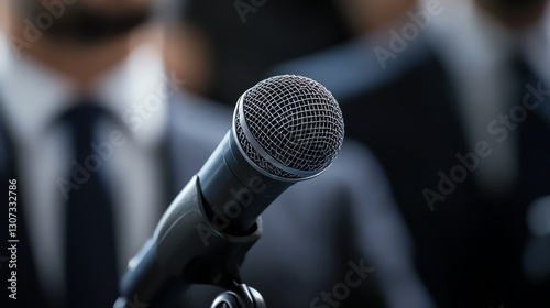 Closeup Political debate announcer moderating a discussion, maintaining neutrality and authority