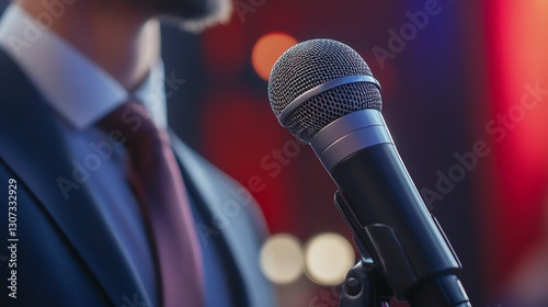 Closeup Political debate announcer moderating a discussion, maintaining neutrality and authority