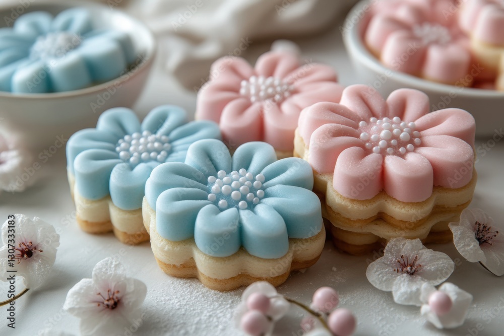 Delicate flower cookies in pastel hues adorned with pearl centers A sweet treat evoking springtime charm and floral elegance Delicate flower cookies in pastel hues adorned with pearl centers A sweet treat evoking springtime charm and floral elegance