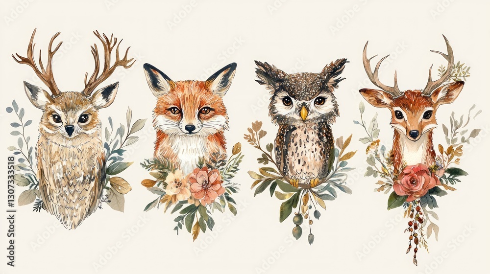 Fototapeta premium Watercolor Portraits Of Forest Animals Surrounded By Floral Arrangements