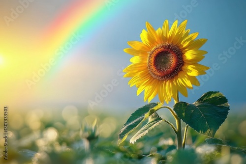 A single sunflower faces the sun with a glowing rainbow stretching over a vast green field at sunset, representing optimism and perseverance.