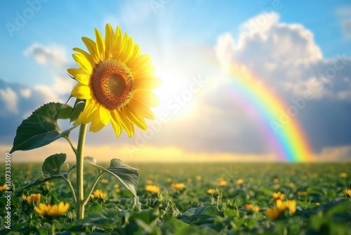 A single sunflower faces the sun with a glowing rainbow stretching over a vast green field at sunset, representing optimism and perseverance