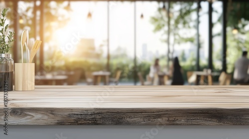 Cozy Cafe Interior with Wooden Counter and Plants