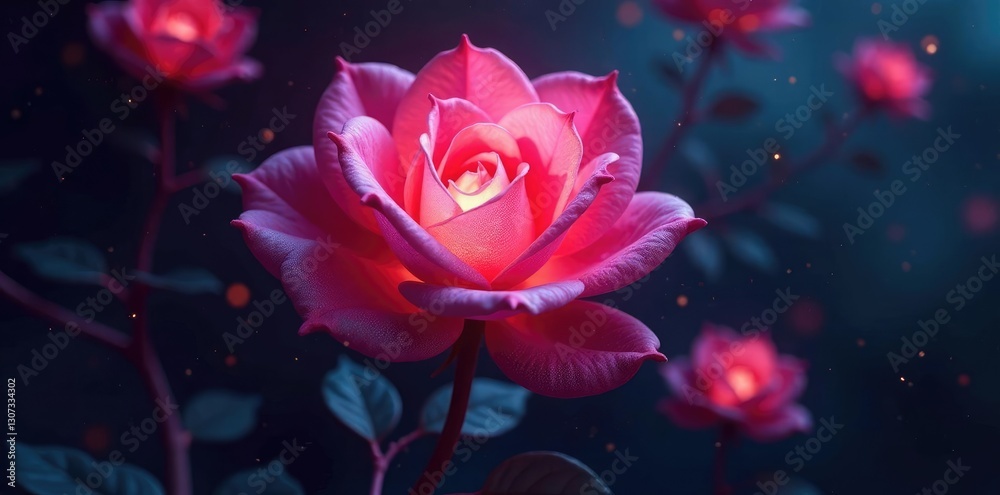 Obraz premium Shining neuron rose blooms form a shimmering veil in the darkness, soft light, veiled, ethereal