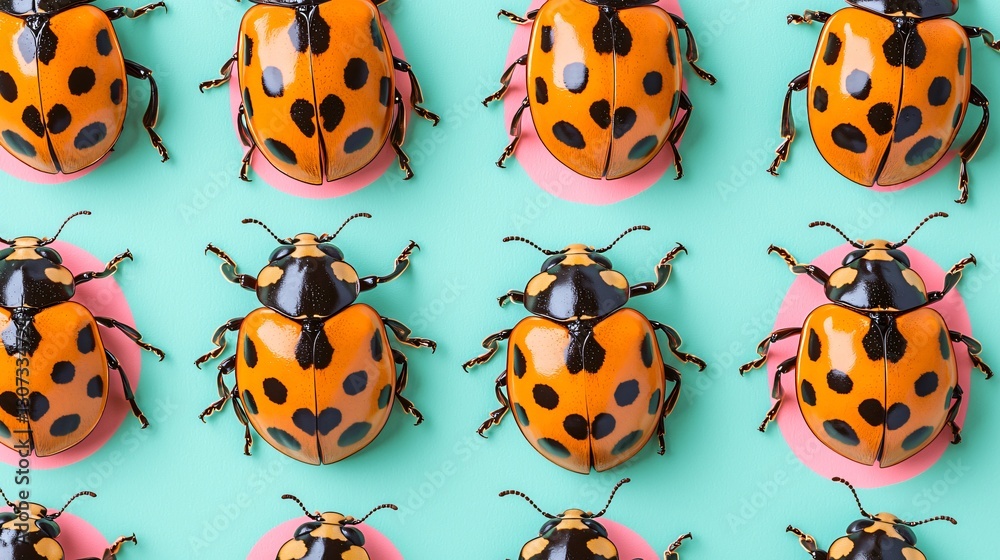 Colorful ladybugs pattern, pastel background, studio shot, graphic design Colorful ladybugs pattern, pastel background, studio shot, graphic design