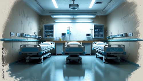 Hospital room interior with beds and medical equipment. Walls are beige color and floor is light blue. Monitors and medication visible. photo