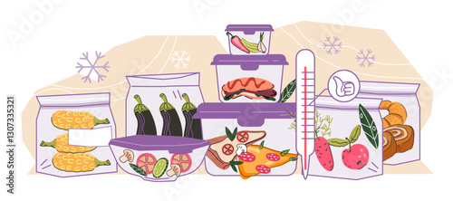 Banner with food in containers for theme of storage, preserving and keeping fresh food leftovers, flat vector illustration isolated on white background. Nutrition and reduce food waste.