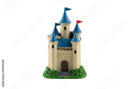 Colorful Toy Castle with Blue Roof, Turrets, Flags, and Green Base - Perfect for Children's Playtime and Imaginative Adventures