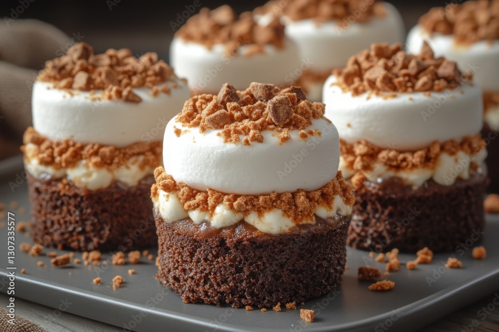Delicious mini cakes with white frosting and crumbly toppings presented on a gray tray for a delightful dessert experience Delicious mini cakes with white frosting and crumbly toppings presented on a gray tray for a delightful dessert experience