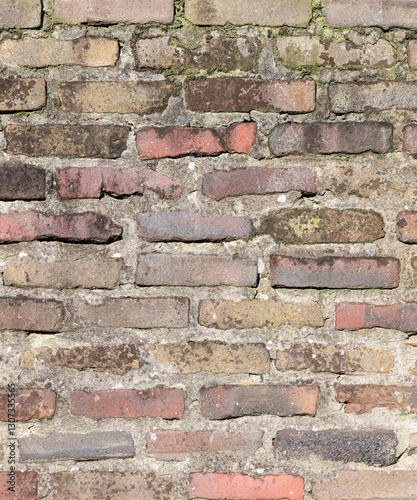 Old Colored Brick Wall Covered In Moss