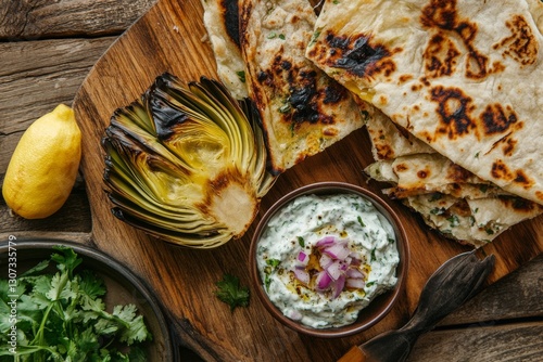 Grilled artichoke and flatbread with tzatziki dip and lemon