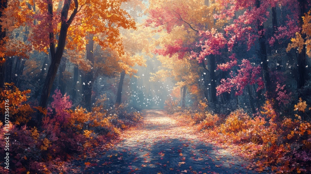 A serene autumn forest path is illuminated by soft sunlight, showcasing vibrant orange, red, and purple foliage. A serene autumn forest path is illuminated by soft sunlight, showcasing vibrant orange, red, and purple foliage.