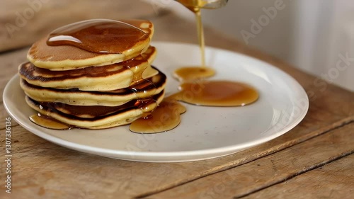 A stack of pancakes drizzled with syrup on a plate, set on a wooden table.