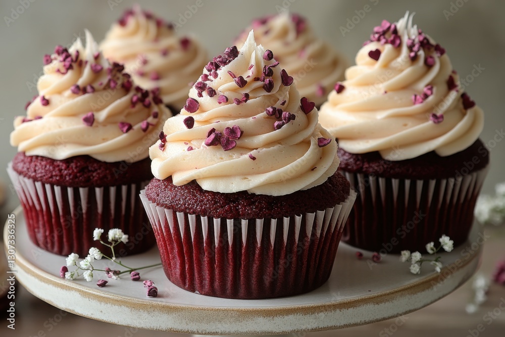 Delectable cupcakes topped with creamy frosting and heart-shaped sprinkles are perfect for a sweet treat or Valentine's Day celebration Delectable cupcakes topped with creamy frosting and heart-shaped sprinkles are perfect for a sweet treat or Valentine's Day celebration
