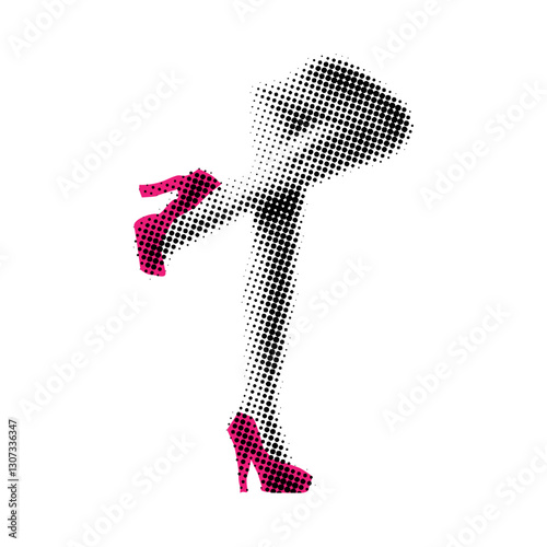  female legs with pink high heels in halftone style,halftone collage design
