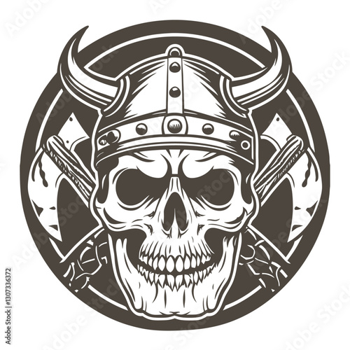 Viking skull wearing a traditional helmet with horns. Ideal for Norse mythology, fantasy designs, tattoo art, and medieval-themed creative projects or merchandise.