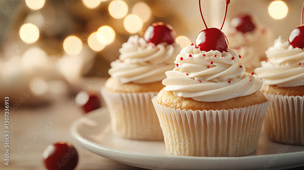 Festive Cupcakes with White Frosting, Red Sprinkles, and Cherries on a Plate Festive Cupcakes with White Frosting, Red Sprinkles, and Cherries on a Plate