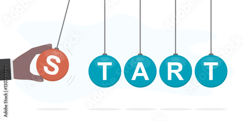 Human hand pulling part of pendulum to launch new project. Boss or manager launching new business, startup. Businessman starting new enterprise or business. Newton's cradle