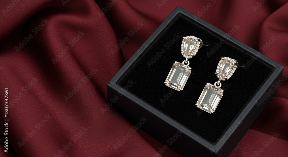 Stunning pair of emeraldcut quartz earrings with diamond accents, presented in a black jewelry box, resting on rich red fabric. Luxury and elegance. Stunning pair of emeraldcut quartz earrings with diamond accents, presented in a black jewelry box, resting on rich red fabric. Luxury and elegance.