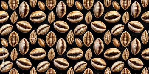 Seamless cowrie shell pattern on black background, decorative designs, shell design