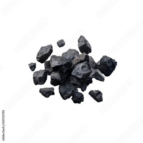 Dark rocks are cascading down from above, appearing against a transparent backdrop, emphasizing their rugged texture and shape.