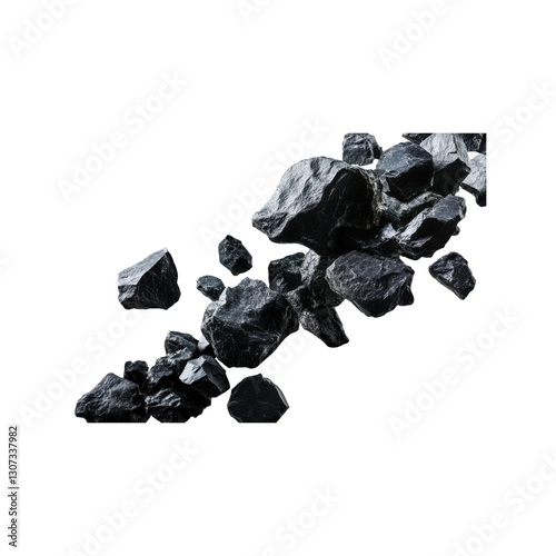 Dark, rough rocks tumbling downward, captured mid-fall, showcasing their jagged edges and textures on a transparent surface.