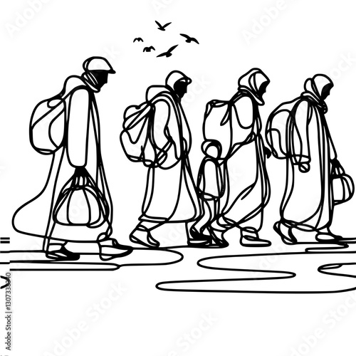 Minimalistic linear contour vector drawing of five people walking in the same direction with backpacks, refugees at war. The style is minimalistic.