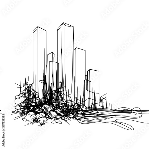 Black and white vector simple contour drawing of a cityscape with tall destroyed buildings and ruins at the base, destruction, war