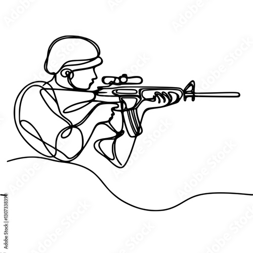 Linear contour simple vector drawing of a soldier in a helmet in a trench taking aim with a rifle, done in a minimalist style. Suitable for military and tactical themes