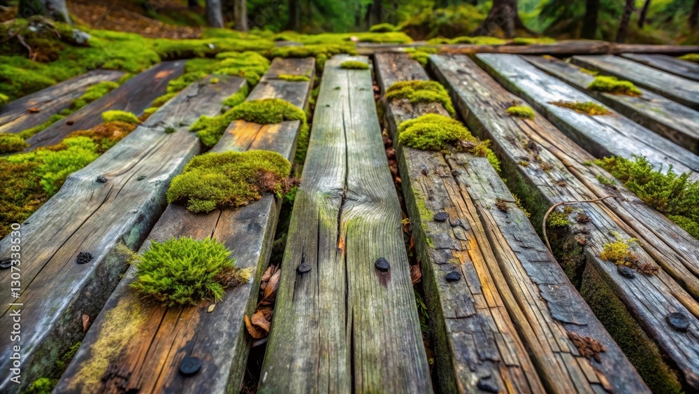 Fototapeta premium Weathered wooden planks with moss and lichen on a rustic forest floor