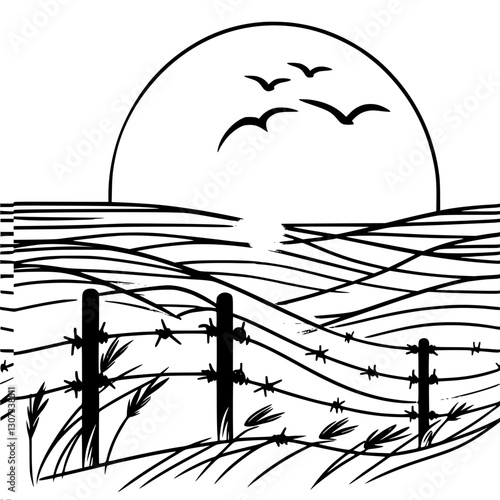 Black and white vector single line contour simple drawing of a landscape with barbed wire on a background of hilly terrain and sun, melancholy and emptiness