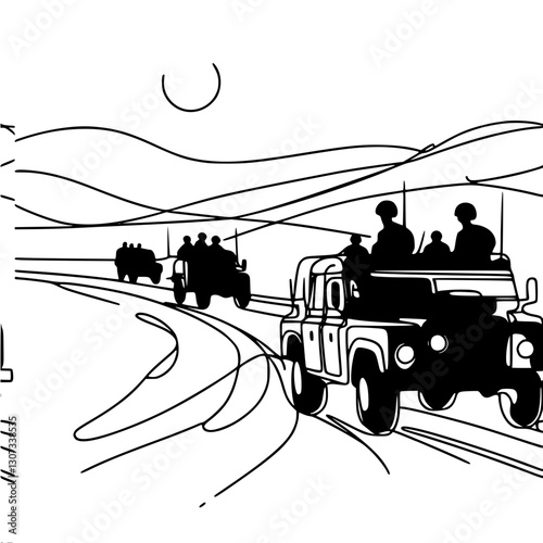 A simple vecton one-line illustration of a convoy of black military vehicles and soldiers following a winding road through a mountainous landscape