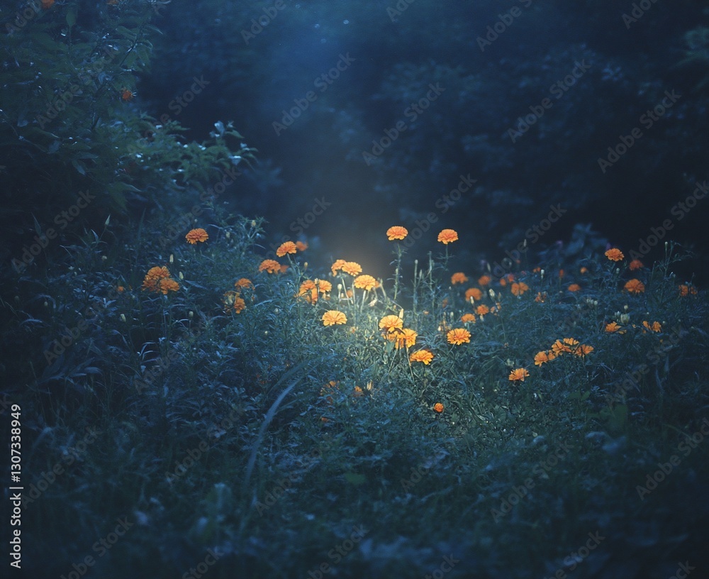 Orange flowers illuminated in a dark, lush garden at night. Orange flowers illuminated in a dark, lush garden at night.