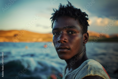Portrait of a young man beside the sea with a sandy coast behind him