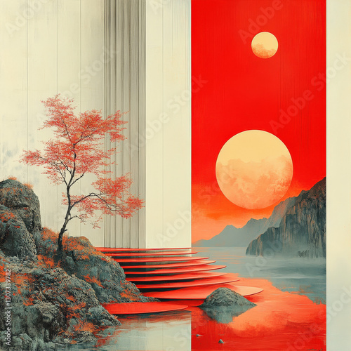 Surreal landscape art featuring red suns tranquil lake modern architecture autumn colors artistic viewpoint digital artwork photo