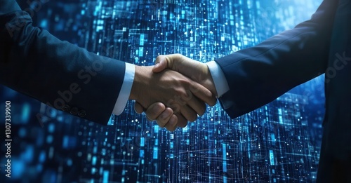 Handshake sealing a tech deal in the digital age, symbolizing partnership and trust amidst an advanced technological backdrop.