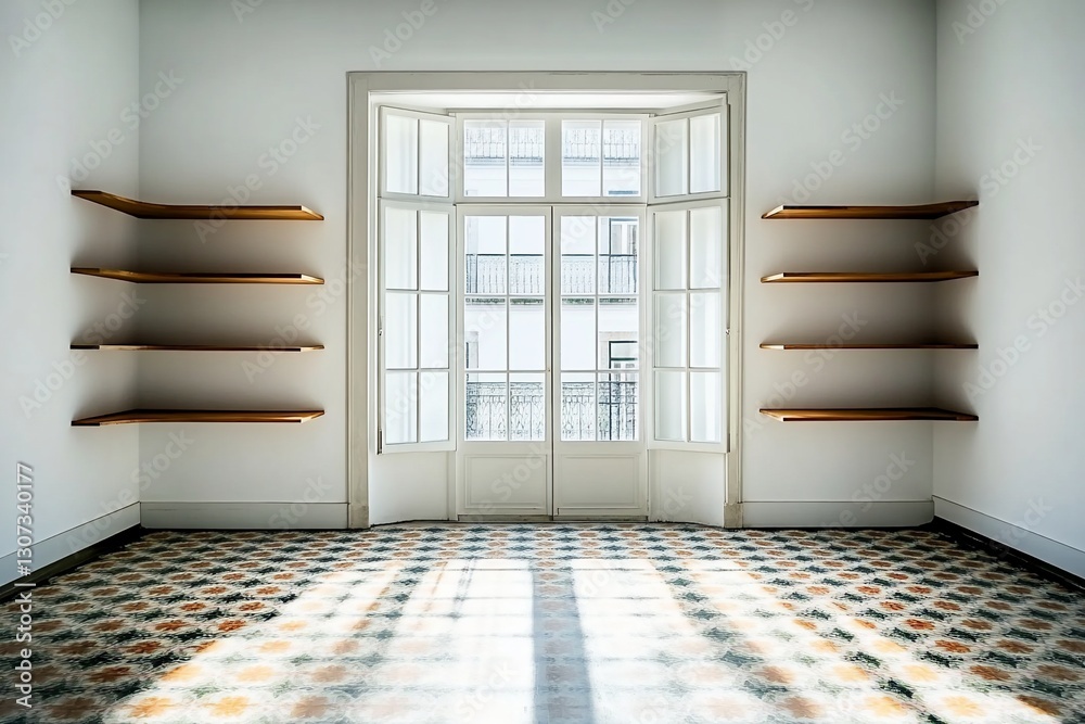 Obraz premium Empty room with sunlight streaming through large window, wooden shelves, and patterned floor.