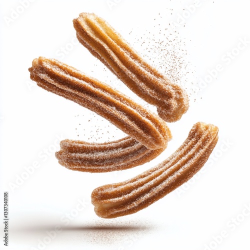Four golden-brown churros dusted with cinnamon sugar, falling against a white background.